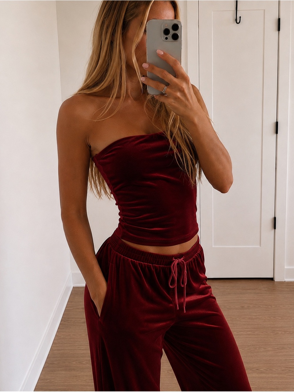 Lioness Burgundy Velour Bandeau Top & Low Rise Wide Leg Pants Set - Picture 3 of 5